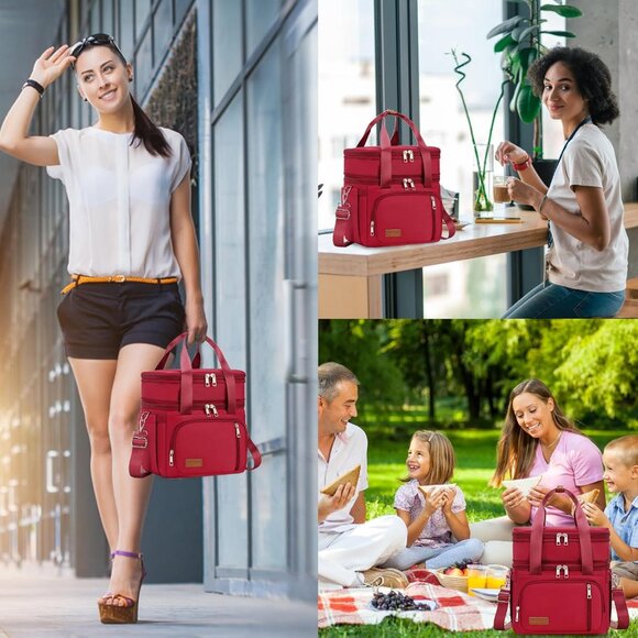 Double Deck Insulated Lunch Box for Men & Women, Leakproof Tote Cooler (Red) - Picture 4 of 7